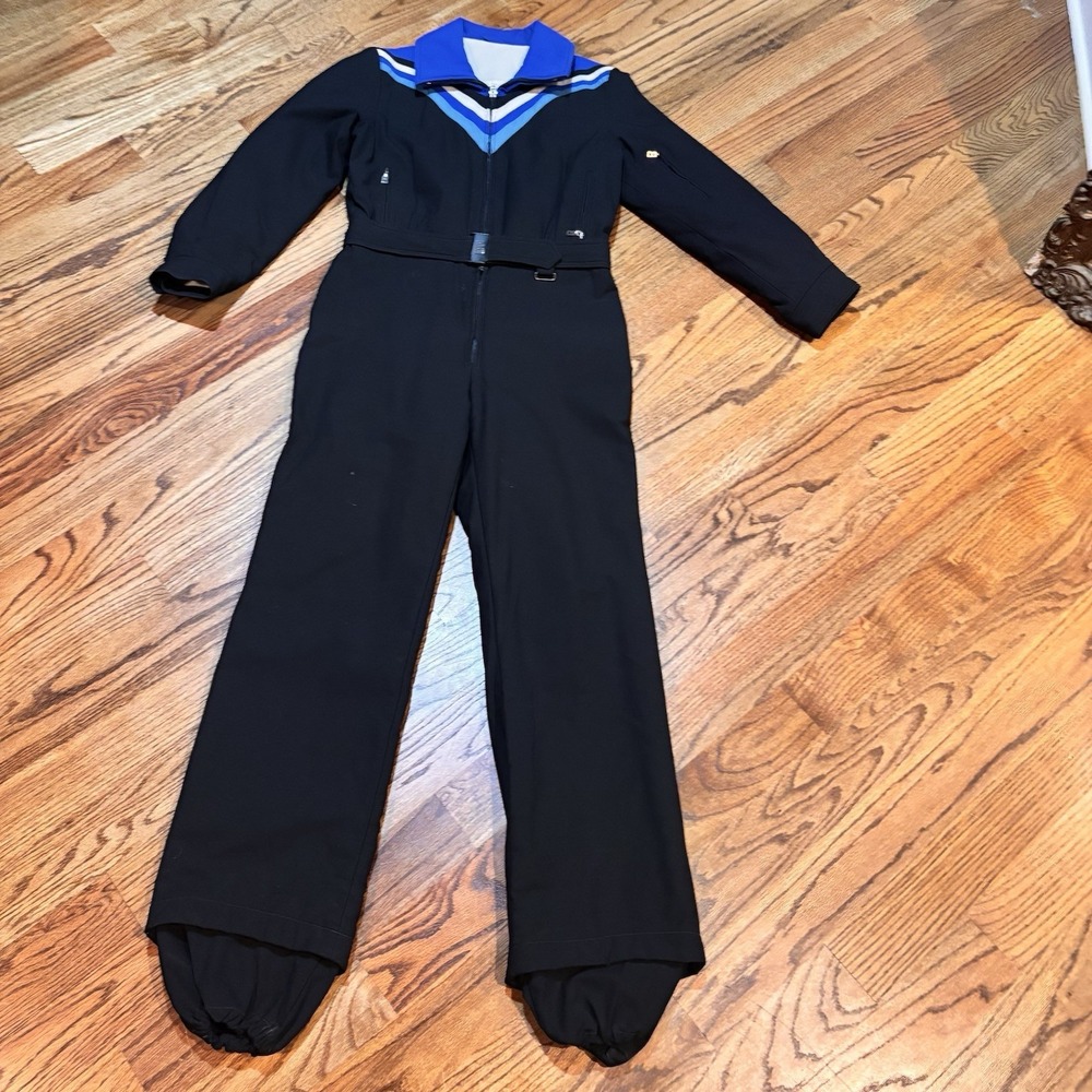 Vintage Bogner Ski Suit Snowsuit Womens Size 14 Black Blue Chevron Belted